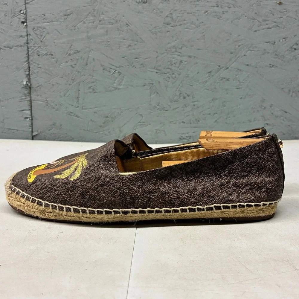 Michael Kors Espadrilles Women's 8.5M Brown Monogram Palm Tree Slip On Beach